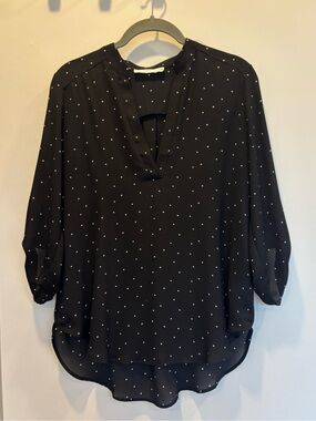 LUSH Split V Neck Blouse, Rollback Sleeves, Curved Hem, Size S, Great Condition